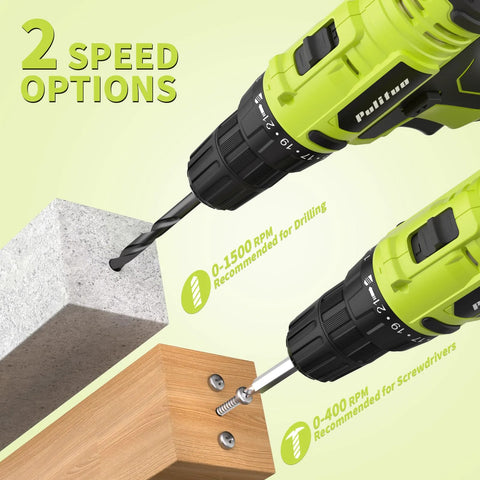 20V Cordless Drill Driver Kit With 2 Batteries, 30Nm Torque, 21 Plus 1 Clutch, Two Speed Settings, Keyless Three Eighths Inch Chuck, Ideal For Home DIY Projects, Green, showing drilling and screwdriver functions with LED Work Light.