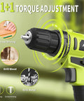Close-up of 20V Cordless Drill Driver Kit with 2 Batteries, 30Nm Torque, 21 Plus 1 Clutch, in green with torque adjustment