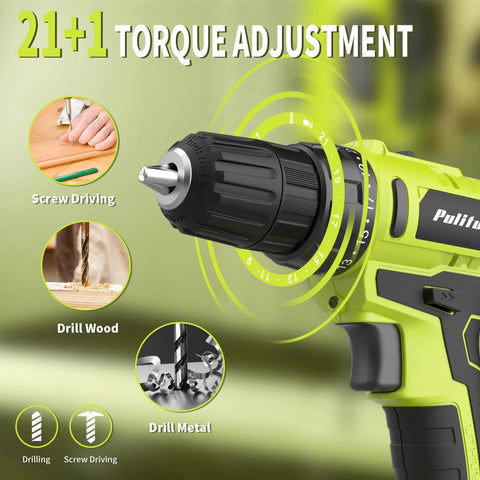 Close-up of 20V Cordless Drill Driver Kit with 2 Batteries, 30Nm Torque, 21 Plus 1 Clutch, in green with torque adjustment