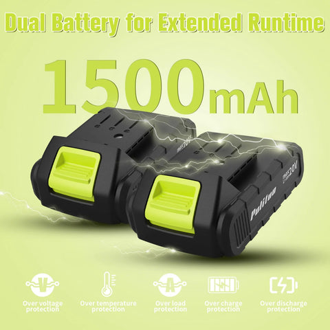 Close-up of dual batteries for 20V Cordless Drill Driver Kit With 2 Batteries, 30Nm Torque, displaying 1500mAh capacity.