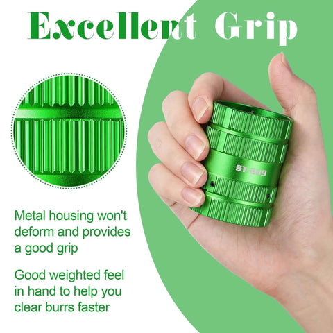 All In One Deburring Cutter And Tube Reamer For Copper PVC And Metal Pipes With Easy Grip Handle, green finish shown in hand