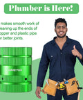 All In One Deburring Cutter And Tube Reamer For Copper PVC And Metal Pipes With Easy Grip Handle For Smooth Inner And Outer Chamfering Ranging From One Quarter Inch To One And Five Eighths Inch Green Finish next to a person in overalls with a tool belt.