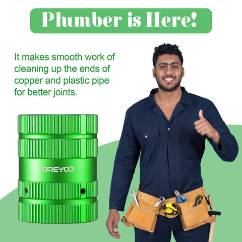 All In One Deburring Cutter And Tube Reamer For Copper PVC And Metal Pipes With Easy Grip Handle For Smooth Inner And Outer Chamfering Ranging From One Quarter Inch To One And Five Eighths Inch Green Finish next to a person in overalls with a tool belt.