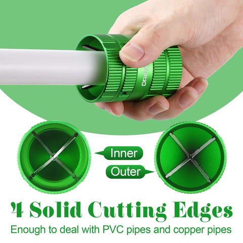 All In One Deburring Cutter And Tube Reamer For Copper PVC And Metal Pipes With Easy Grip Handle For Smooth Inner And Outer Chamfering Ranging From One Quarter Inch To One And Five Eighths Inch Green Finish held cutting PVC pipe