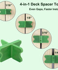 4 In 1 ABS Deck Spacer Tools Set For Accurate Deck Gaps With Four Sizes One Sixteenth One Eighth Three Sixteenths And One Quarter Inch Pro Grade Reusable Green 9 Pack For Pressure Treated And Composite Decking showing green spacers in various gap sizes.