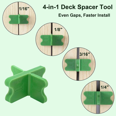 4 In 1 ABS Deck Spacer Tools Set For Accurate Deck Gaps With Four Sizes One Sixteenth One Eighth Three Sixteenths And One Quarter Inch Pro Grade Reusable Green 9 Pack For Pressure Treated And Composite Decking showing green spacers in various gap sizes.