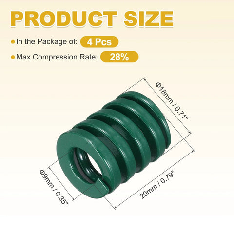 Product size diagram showing green 4 Pack 18mm OD 20mm Length Light Load Die Springs for 3D printers and heated beds, mould die springs.