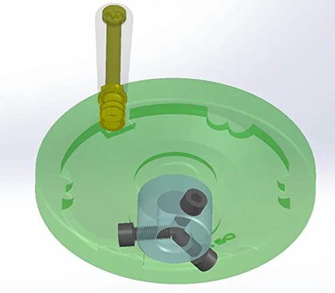 Illustration of a green handwheel mechanism with visible components, related to 5.5 Inch Heavy Duty Handwheel With One Half Inch Bore For Drill Press Table Saw Lathe And Milling Machine Replacement Part For Woodworking Tools Industrial Grade Phenolic Aluminum Core Reinforced For Superior Rigidity And Heat Resistance.