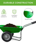 Dual Wheel Home Utility Yard Wheelbarrow Garden Cart with Built In Stand 5 Cubic Foot Capacity 330 lb Load Bright Green shown with soil