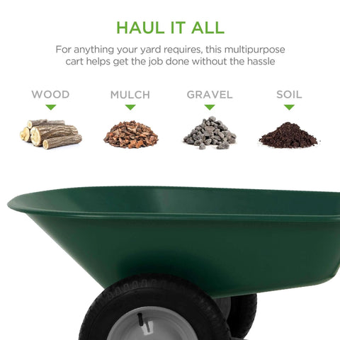 Dual Wheel Home Utility Yard Wheelbarrow Garden Cart with Built In Stand 5 Cubic Foot Capacity 330 lb Load Green for lawn materials