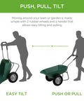 Illustration of Dual Wheel Home Utility Yard Wheelbarrow Garden Cart with Built In Stand, showing tilt and push functions.
