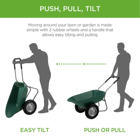 Illustration of Dual Wheel Home Utility Yard Wheelbarrow Garden Cart with Built In Stand, showing tilt and push functions.