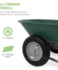 Close-up of dual wheels on the Dual Wheel Home Utility Yard Wheelbarrow Garden Cart with Built In Stand in green.
