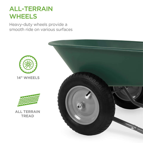 Close-up of dual wheels on the Dual Wheel Home Utility Yard Wheelbarrow Garden Cart with Built In Stand in green.
