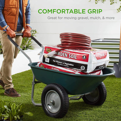 Dual Wheel Home Utility Yard Wheelbarrow Garden Cart with Built In Stand 5 Cubic Foot Capacity 330 lb Load Green loaded with soil