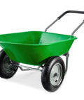 Bright green Dual Wheel Home Utility Yard Wheelbarrow Garden Cart with Built In Stand 5 Cubic Foot Capacity 330 lb Load for gardening.