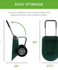 Dual Wheel Home Utility Yard Wheelbarrow Garden Cart with Built In Stand 5 Cubic Foot Capacity 330 lb Load Green side and top view