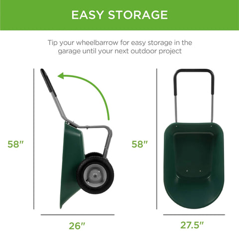 Dual Wheel Home Utility Yard Wheelbarrow Garden Cart with Built In Stand 5 Cubic Foot Capacity 330 lb Load Green side and top view