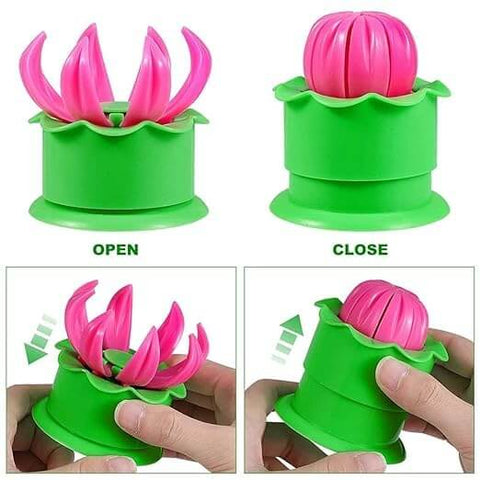 Open and close views of a green and pink multicolor dumpling mold set for momos baozi and steam buns press dough flatten and seal