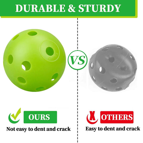 Comparison of green durable 50 Pack Colored Golf Practice Ball, 40mm Hollow Sports Golf Training Balls vs grey competitor ball, highlighting sturdiness.