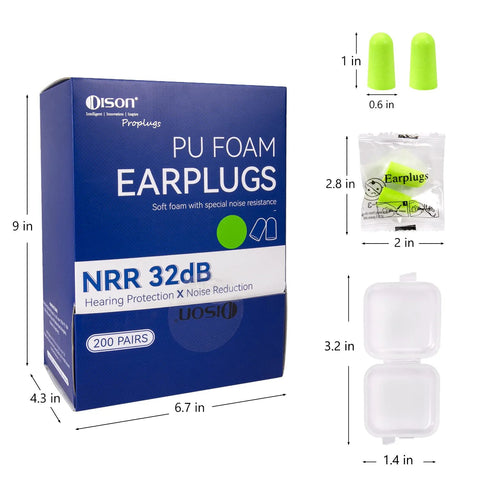 200 Pairs Foam Earplugs For Noise Reduction 32dB Disposable Ear Plugs Hearing Protection Bulk Pack For Shooting Range Work Travel And Concert Green Color Each Pair Individually Wrapped For Cleanliness with packaging dimensions and earplugs visible