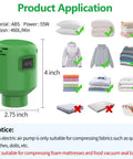 Effortless Electric Vacuum Pump For Storage Bags 55W 5000Pa showing product size, power, and application for textiles