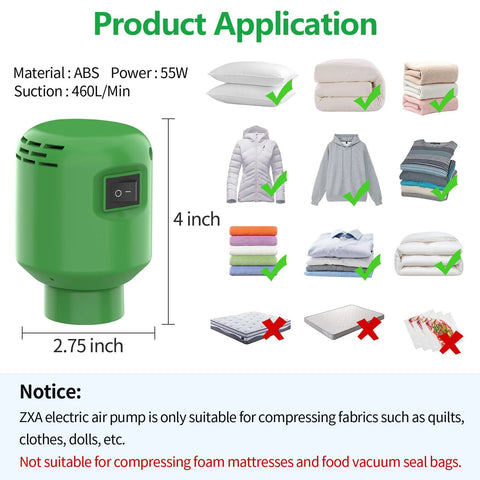 Effortless Electric Vacuum Pump For Storage Bags 55W 5000Pa showing product size, power, and application for textiles