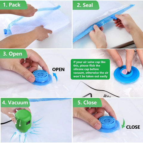 Effortless Electric Vacuum Pump For Storage Bags 55W 5000Pa Portable Travel Vacuum Pump sealing guide with step-by-step use instructions.