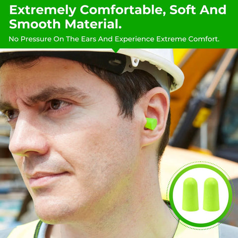 Man wearing green foam earplugs at work site; 200 Pairs Foam Earplugs For Noise Reduction 32dB Disposable Ear Plugs