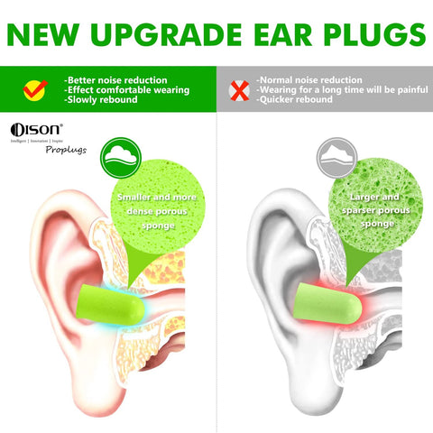 Comparison of ear with upgraded green foam earplug and standard earplug showing noise reduction benefits