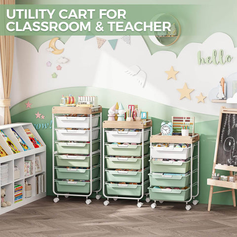 Rolling Storage Utility Cart With Four Drawers For Craft Art Supplies And Makeup Organization On The Go Mobile Cart With Green Finish And Wooden Tabletop Perfect For Kid Rooms Or Office By SYKIARIOL