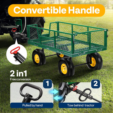 Heavy Duty Garden Cart With 900 Lb Capacity And 38x20 Steel Bed, Rust Resistant Yard Wagon pulled by tractor in yard.