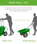 Silhouette showing Dual Wheel Home Utility Yard Wheelbarrow Garden Cart with Built In Stand, tilting and pulling positions, bright green.