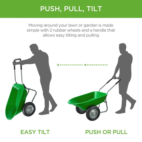 Silhouette showing Dual Wheel Home Utility Yard Wheelbarrow Garden Cart with Built In Stand, tilting and pulling positions, bright green.