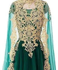 Front view of Elegant A Line Bridal Dress With Gold Applique Sleeveless Cape For Formal Wedding Party Evening Prom Ball Gown
