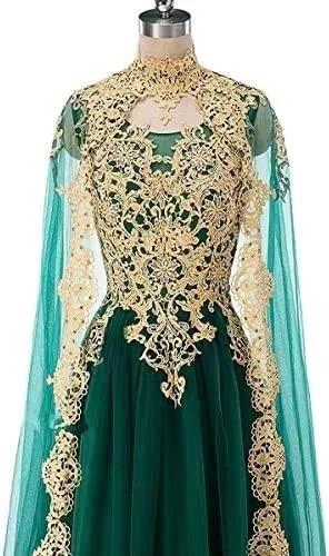 Front view of Elegant A Line Bridal Dress With Gold Applique Sleeveless Cape For Formal Wedding Party Evening Prom Ball Gown