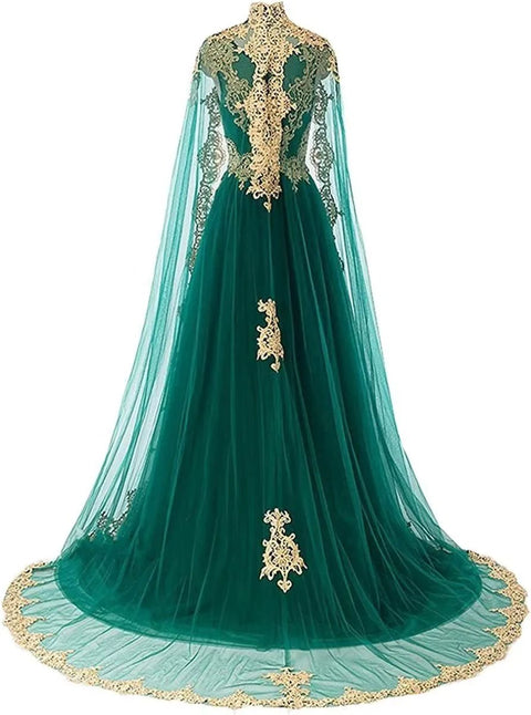 Elegant A Line Bridal Dress With Gold Applique Sleeveless Cape For Formal Wedding Party Evening Prom Ball Gown Long Length