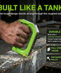 Man using versatile 8 in 1 multitool hammer with non-marring mallet and ergonomic D-handle on steel frame for on-site work.