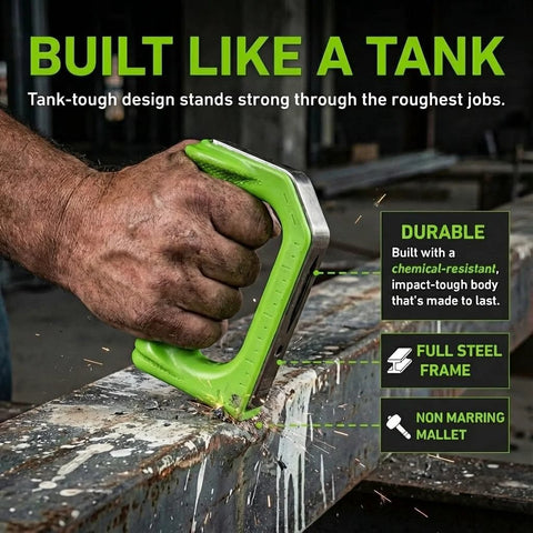 Man using versatile 8 in 1 multitool hammer with non-marring mallet and ergonomic D-handle on steel frame for on-site work.