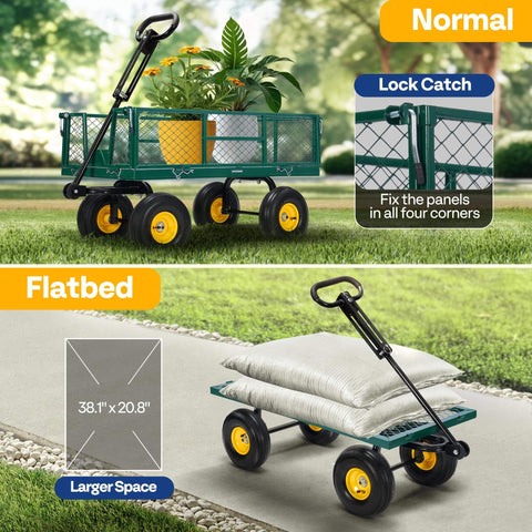 Heavy Duty Garden Cart With 900 Lb Capacity And 38x20 Steel Bed, Rust Resistant Yard Wagon With 10 Inch Wheels, Built In Handle