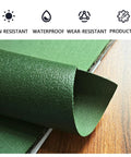 Close-up of green Heavy Duty Mesh Tarp Multipurpose Protective Cover showing texture, weather and tear resistance, and durability icons.
