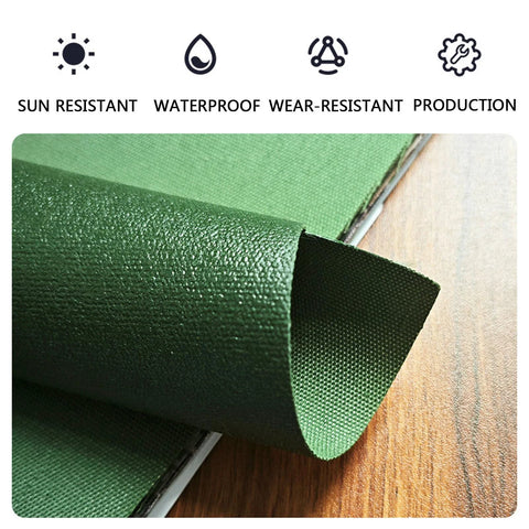 Close-up of green Heavy Duty Mesh Tarp Multipurpose Protective Cover showing texture, weather and tear resistance, and durability icons.