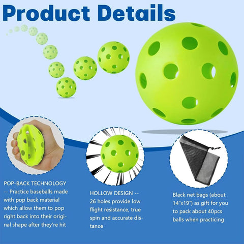 Product details showing lightweight hollow plastic training baseball with pop-back technology, includes black drawstring bag for storage.