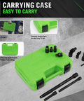 Rugged 18 Piece Impact Socket Extension Set With Swivel Universal Joint Deep Quarter Inch Drive Three Eighths Inch Drive And One Half Inch Drive Adapters Extension Bars And Three Ratchet Couplers CR-V Steel Alloy Corrosion Resistant Mechanic Tools shown with green carrying case.