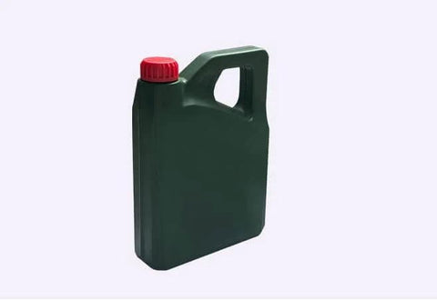 Green plastic container with a red cap, viewed from the side, featuring an ergonomic handle for easy carrying.