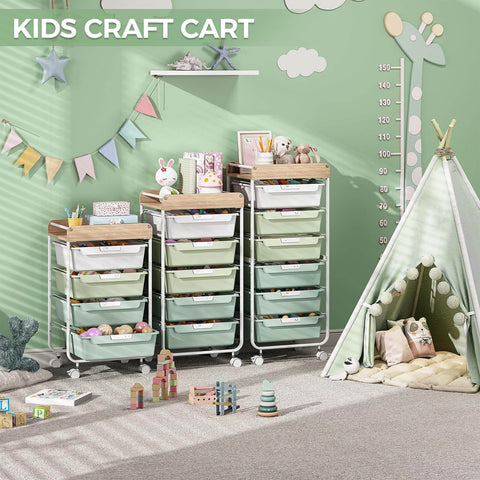 Rolling Storage Utility Cart With Four Drawers For Craft Art Supplies And Makeup Organization On The Go Mobile Cart With Green Finish And Wooden Tabletop Perfect For Kid Rooms Or Office By SYKIARIOL in a kids' room.