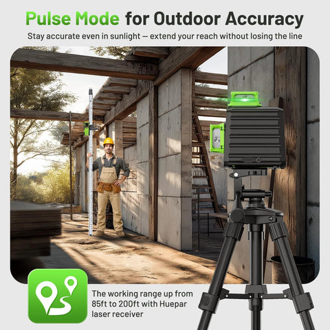 Laser Level 360 Self Leveling With Rechargeable Battery 3x360 Degree Green Laser For Construction And Picture Hanging 3D Layout On Walls Ceilings And Cabinets Magnetic Bracket Hard Case Kit in outdoor use on tripod with worker measuring on construction site.