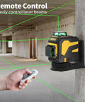 Achieve precise room layouts with a 3x360° green laser level mounted on a wall projecting horizontal and vertical lines.