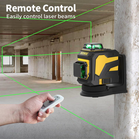 Achieve precise room layouts with a 3x360° green laser level mounted on a wall projecting horizontal and vertical lines.