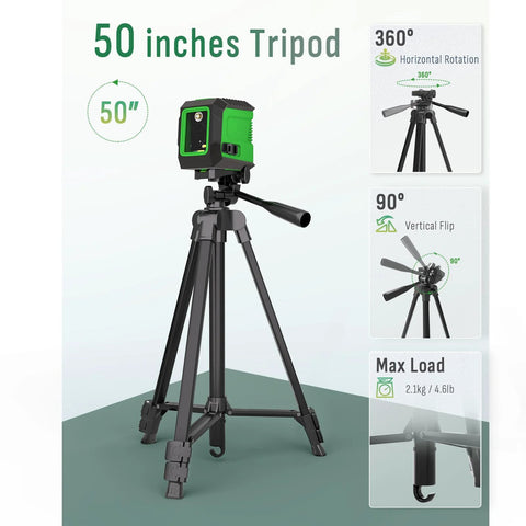 Laser Level With 50 Inch Tripod 360 Degree Self Leveling Cross Line Green Beam For Horizontal And Vertical Alignment For Hanging Pictures Tile Work And Home Renovation IP54 Battery Powered With 4 AA Batteries And Carry Pouch on a tripod